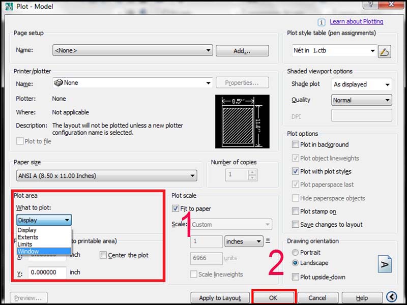 Chọn vùng cách in bản vẽ Cad